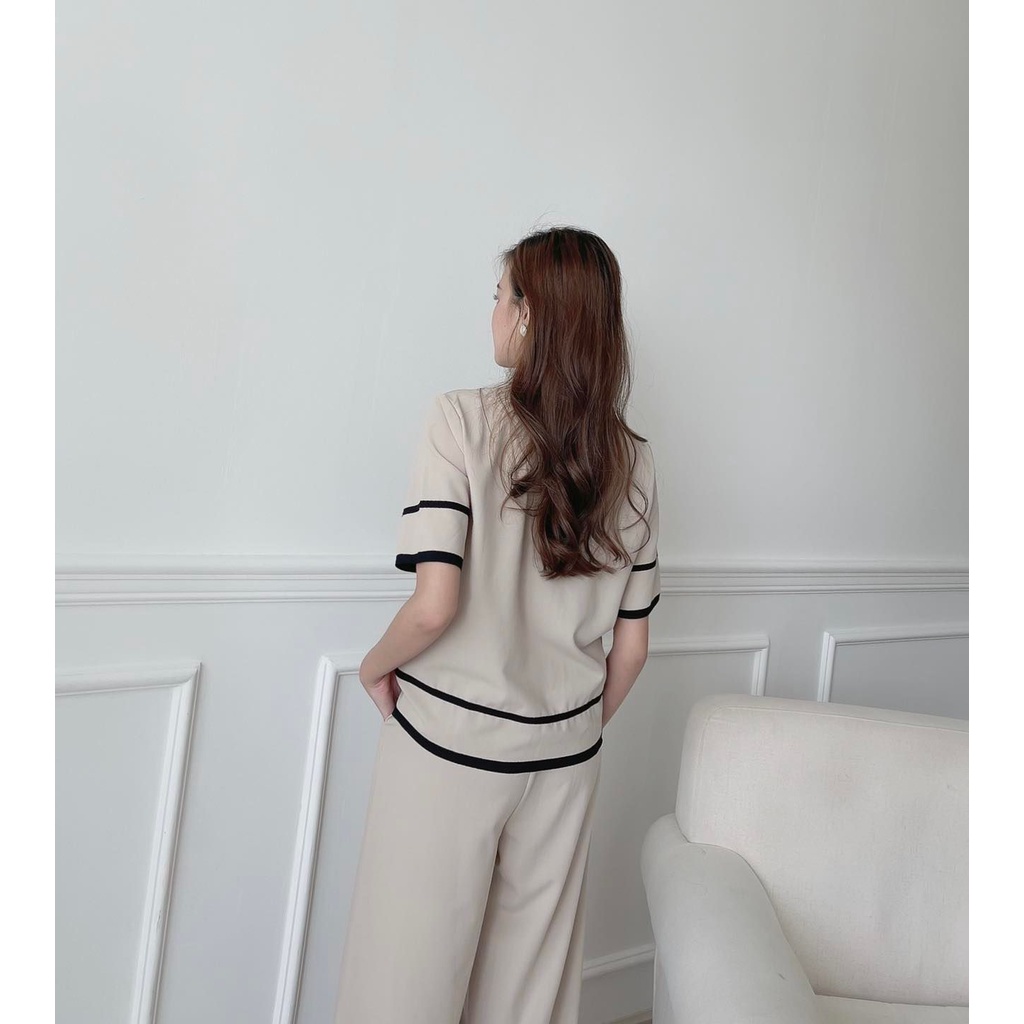 [HÀNG THIẾT KẾ CAO CẤP] Set Vest Tay Ngắn Phối Nút + Quần Suông Tôn Dáng Công Sở Thanh Lịch Màu Nude