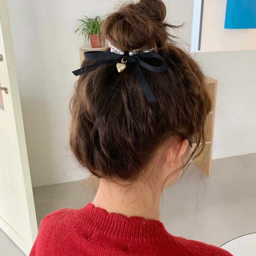 Dây buộc tóc cao su đính ngọc trai hình trái tim nhiều màu sắc phong cách Hàn Quốc cho nữ