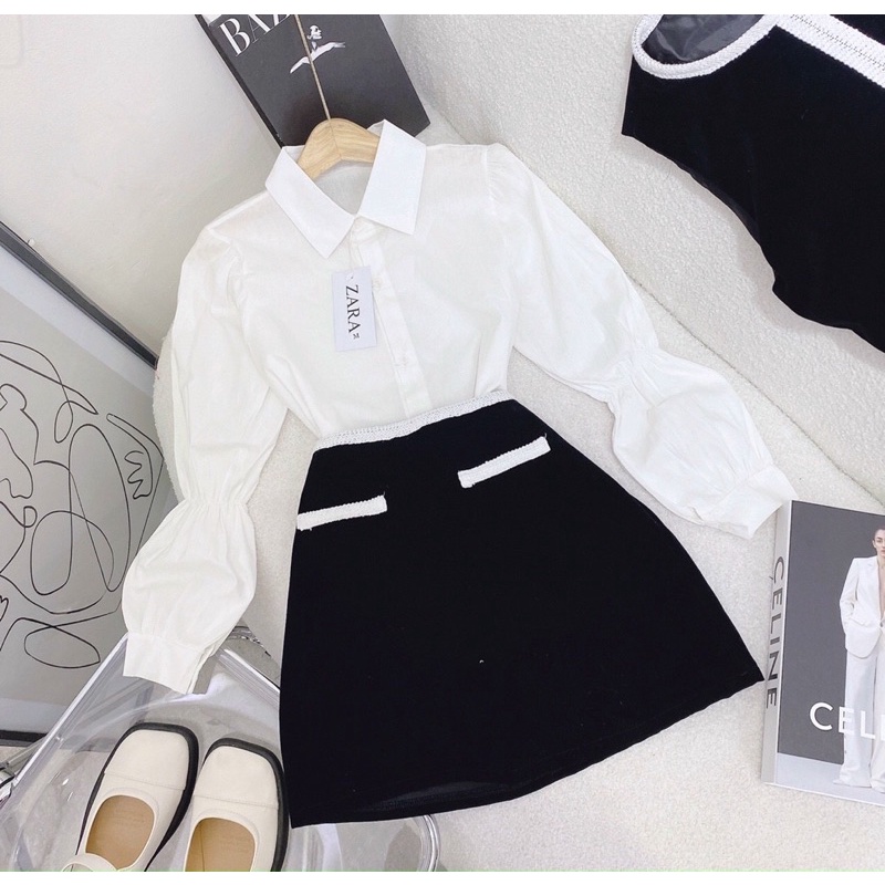 Set 3 món siêu hời gồm áo sơ mi trắng + gile + chân váy đen phối kèm ảnh thật