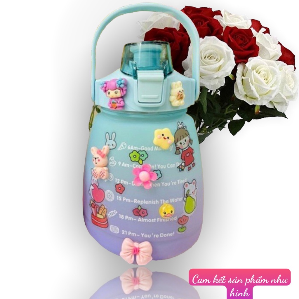 Bình đựng nước dễ thương 1.3 Lít học sinh có ống hút khi bật nắp tặng kèm sticker 3d