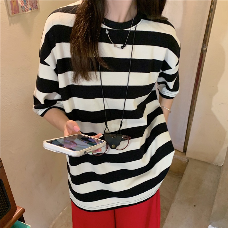 Áo thun SUXI cổ tròn dáng rộng họa tiết kẻ sọc thời trang mùa hè phong cách vintage cho nữ