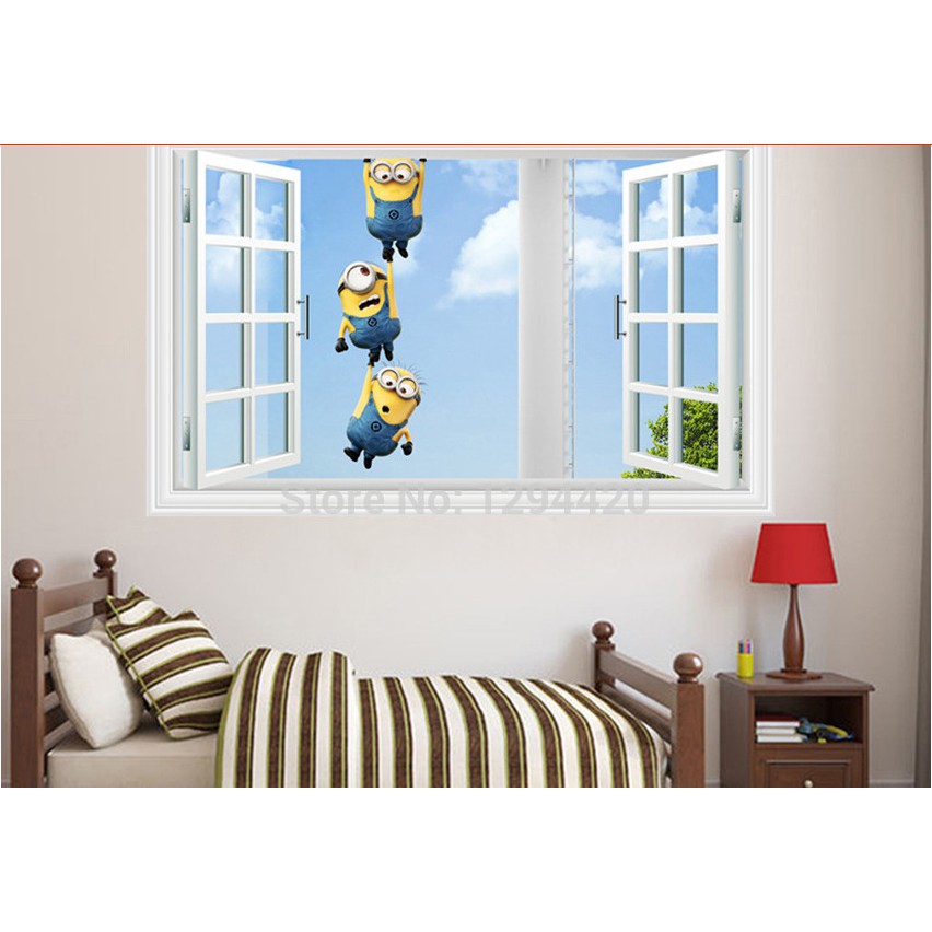 Decal trang trí tường khung cửa sổ 3 con Minion đu nhau