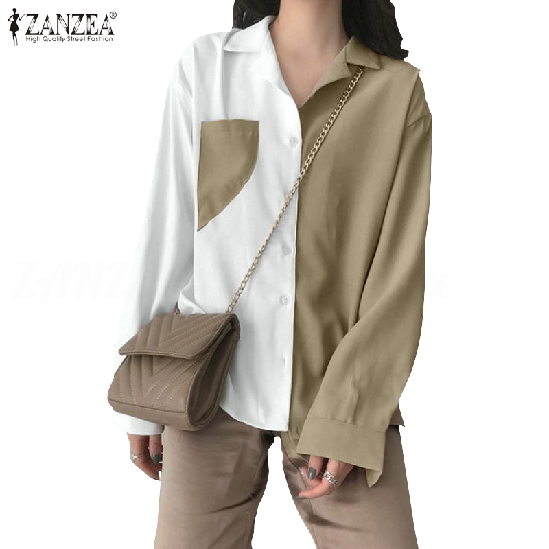 ZANZEA Áo sơ mi nữ cài nút trước thiết kế chắp vá thời trang