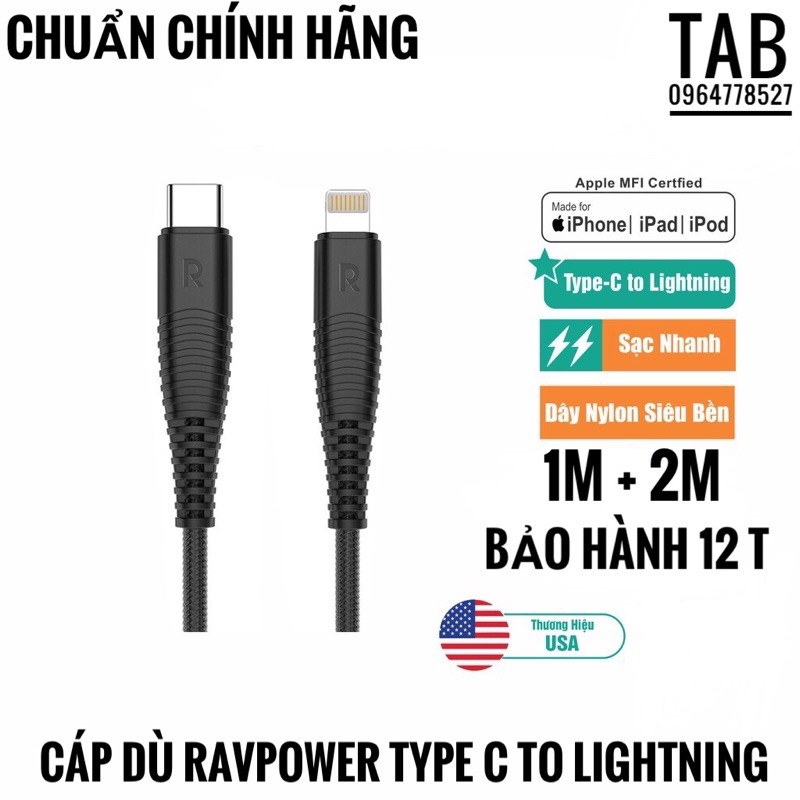 Cáp Dù RavPower Type C To Lightning Chính Hãng - CB020 (BH 12 Tháng)