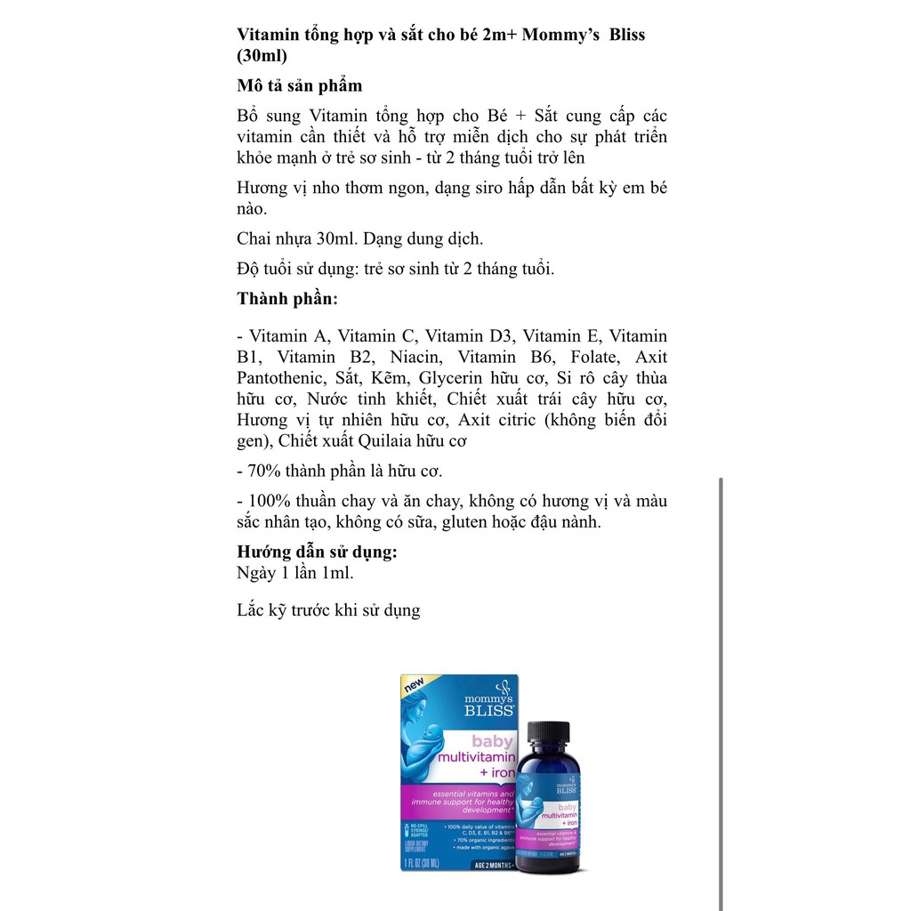Vitamin tổng hợp và Sắ.t 2m+ Mommy’s Bliss (30ml)
