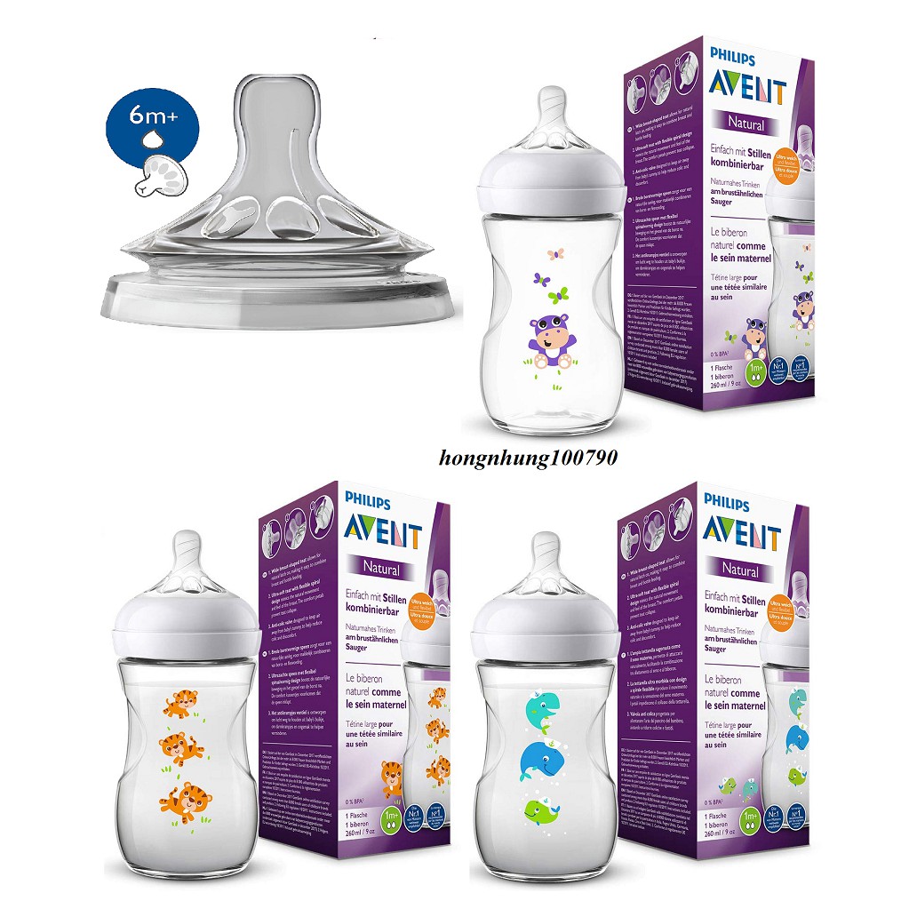 Bình sữa Avent Natural họa tiết chú hà mã 260ml