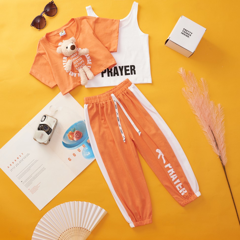 Set quần dài croptop gấu bé gái thun cotton 4 chiều 100%