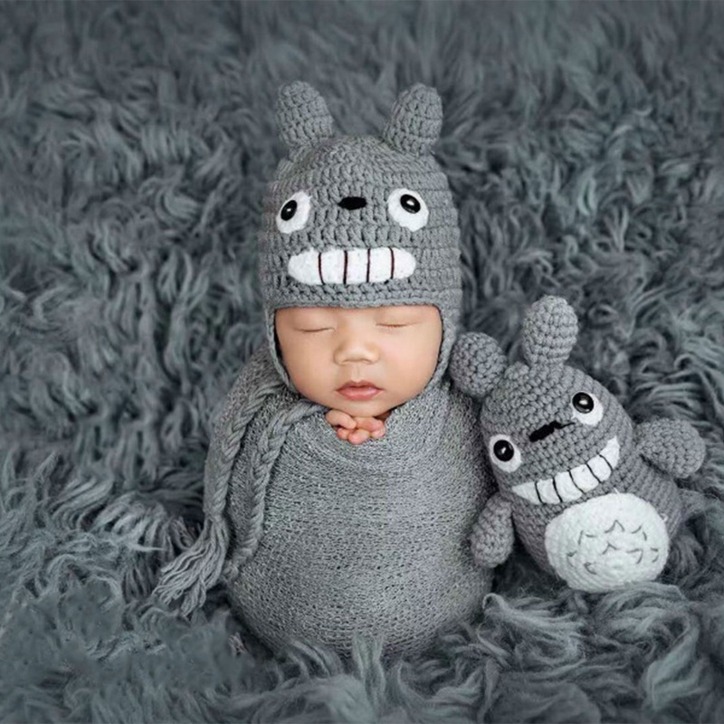 Set 2 Mũ Beanie Dệt Kim Đính Tai Thú Dễ Thương Làm Phụ Kiện Chụp Ảnh Cho Bé Sơ Sinh