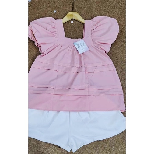 Sét áo cổ vuông tay bồng dáng babydoll kèm quần sooc đen ống rộng SET0101