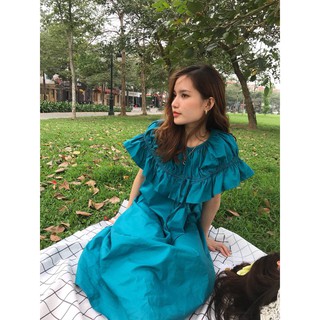 Váy thiết kế dáng xuông cổ xếp li viền béo Ruffle