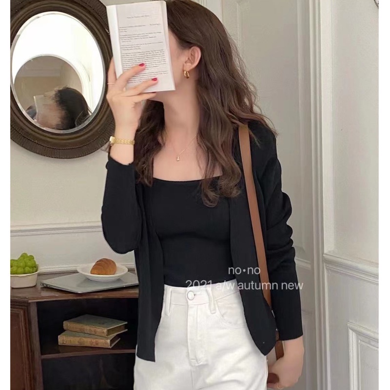 Set Áo Cardigan Tay Dài Kẻ Sọc + Áo Hai Dây Ngắn Phong Cách Hàn Quốc Thời Trang Mùa Thu Mới Cho Nữ