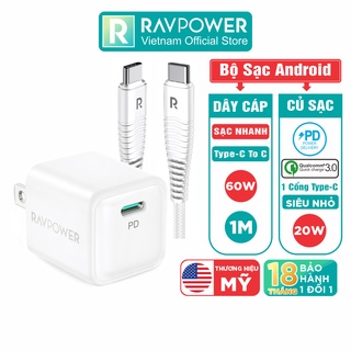 Combo Củ Sạc Nhỏ Gọn Nhanh RAVPower RP-PC150 PD 20W Và Cáp Type C to C 60W 1m RP-CB047-W - Hàng Chính Hãng