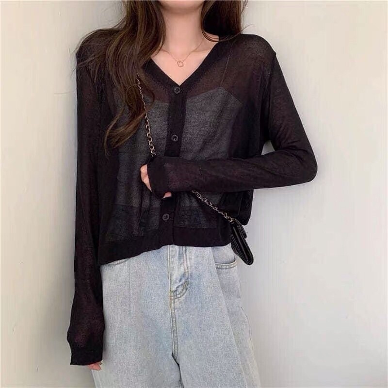 áo len khoác cardigan mỏng kiểu cổ V cài khuy - ko kèm áo trong (C395#)