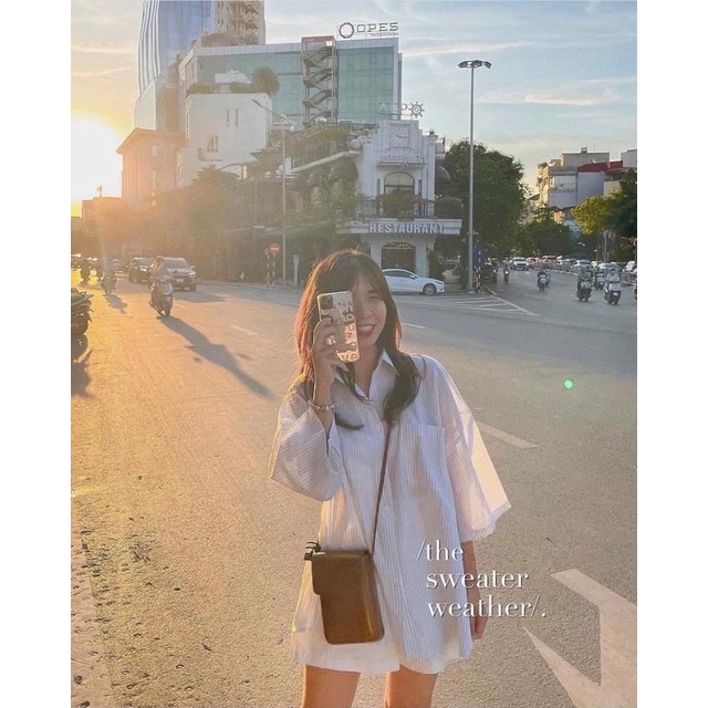 Áo sơ mi dáng over size thô kẻ tay lỡ 3 màu