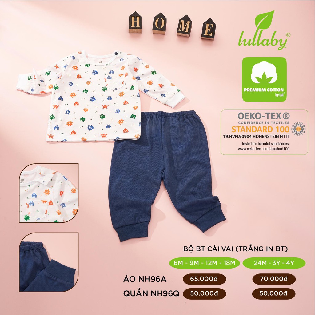 Bộ cài vai bé trai Lullaby, bộ cotton dài tay mỏng Lullaby NH96B