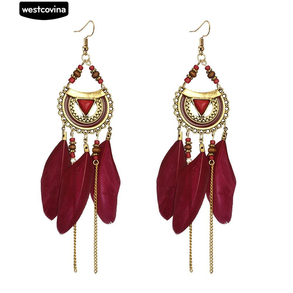 Đôi Khuyên Tai Kiểu Móc Lông Vũ Và Hạt Tua Rua Phong Cách Dân Tộc Cho Phụ Nữ