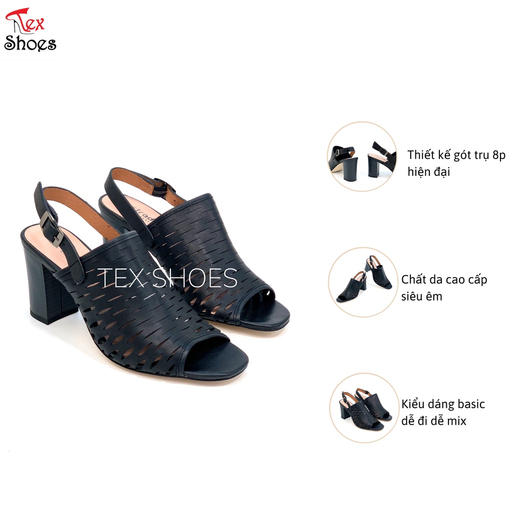 Sandal cao gót nữ thời trang cao cấp, xăng đan nữ da cắt laze gót trụ 8cm VNXK TEX SHOES