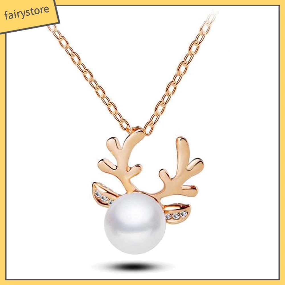 Bộ Dây Chuyền + Bông Tai Hình Sừng Hươu Đính Ngọc Trai Giả Cho Nữ