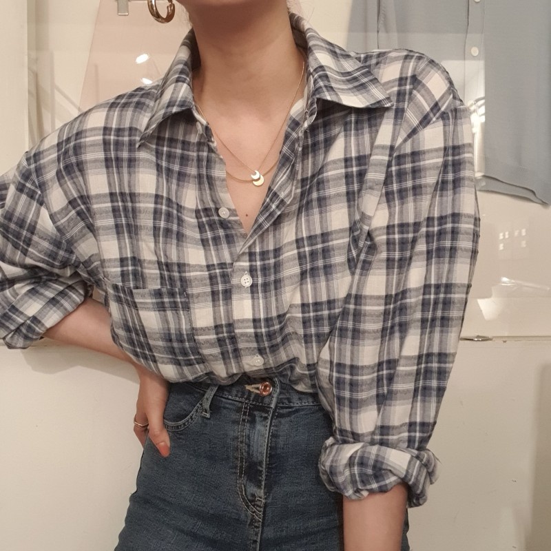 Áo sơ mi tay dài họa tiết sọc caro phong cách retro Hàn Quốc cao cấp