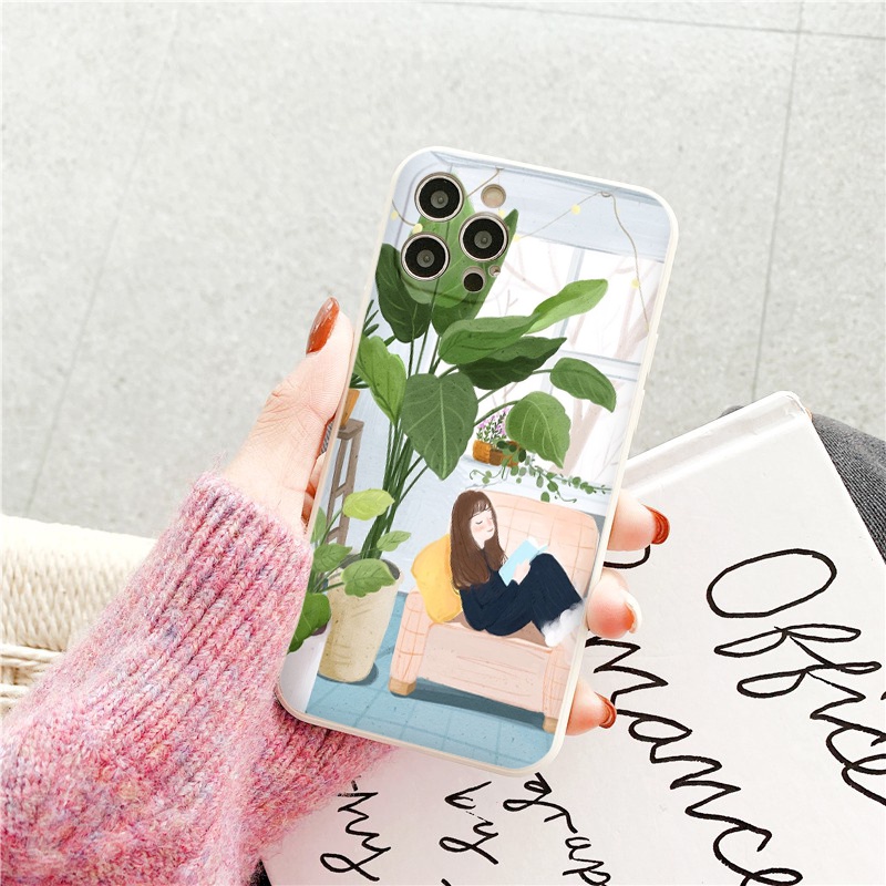 Ốp iphone cạnh vuông Cô gái dưới chậu cây cho ip 6/8/7/plus/x/xr/xsmax/12 pro max/11pro max/13 pro max-nt063