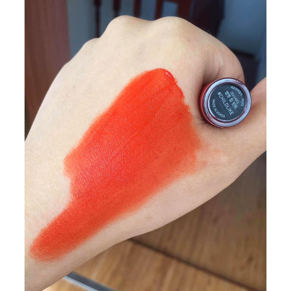 Son kem 3ce velvet lip tint màu Childlike đỏ cam.