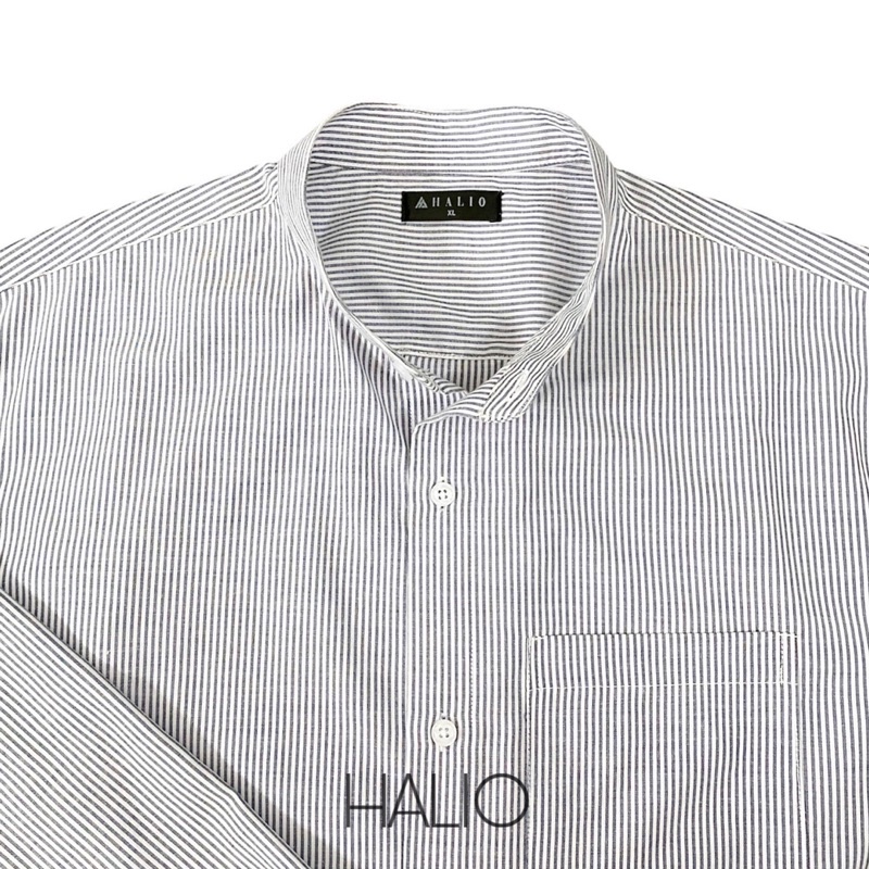 Áo sơ mi dài tay nam mẫu cổ tàu sọc ghi trắng, vải Cotton xịn, chuẩn form - Regular fit, đứng form - HALIOMAN