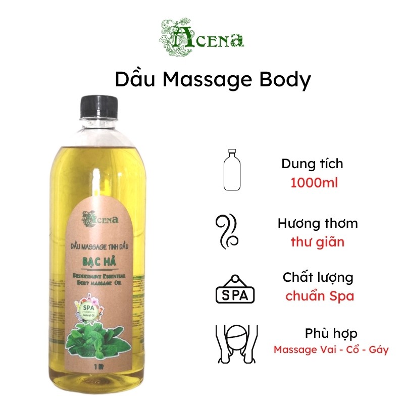 Dầu Massage Body Tinh Dầu Bạc Hà ACENA 1000ml The Mát Hỗ Trợ Xoa Bóp Cơ Khớp