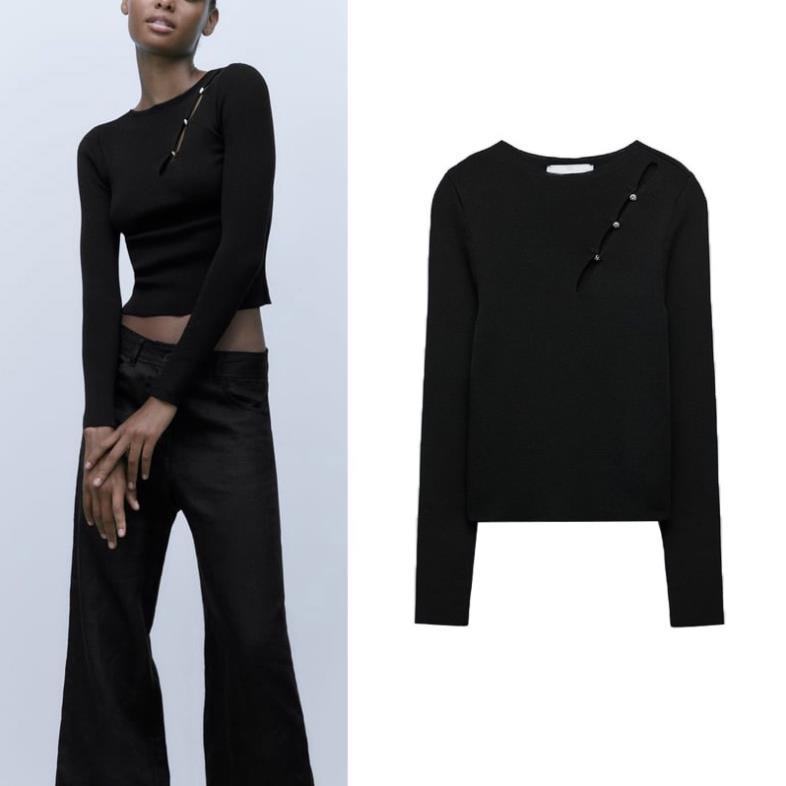 Made in Morocco - Áo Zara sweater Cổ Tròn Màu Đen Đính Nút Thời Trang Mùa Thu AT7LKG42N10