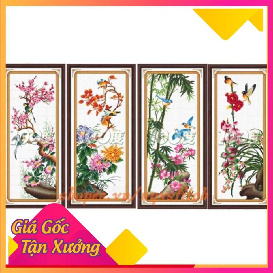 Tranh thêu chữ thập Tứ Quý Đào Cúc Trúc Lan#Trọn bộ 4 bức#chưa thêu