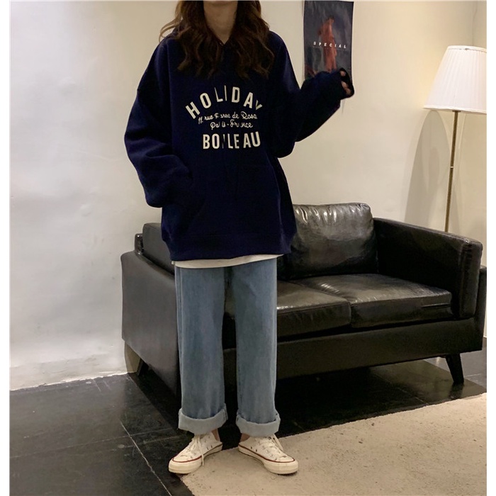 Áo hoodie nữ form rộng dây kéo HOLIDAY 2021, áo hoodie form rộng nữ màu xám, đen thời trang quảng châu chất đẹp | BigBuy360 - bigbuy360.vn