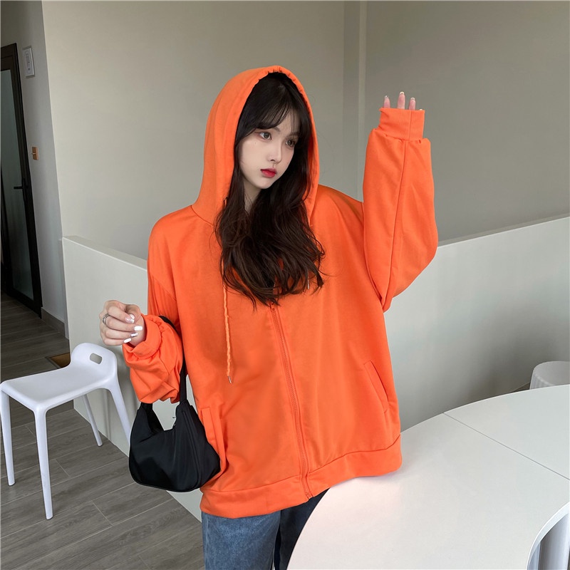 SUXI (MỚI) Áo hoodie nữ dáng rộng màu trơn có khoá kéo