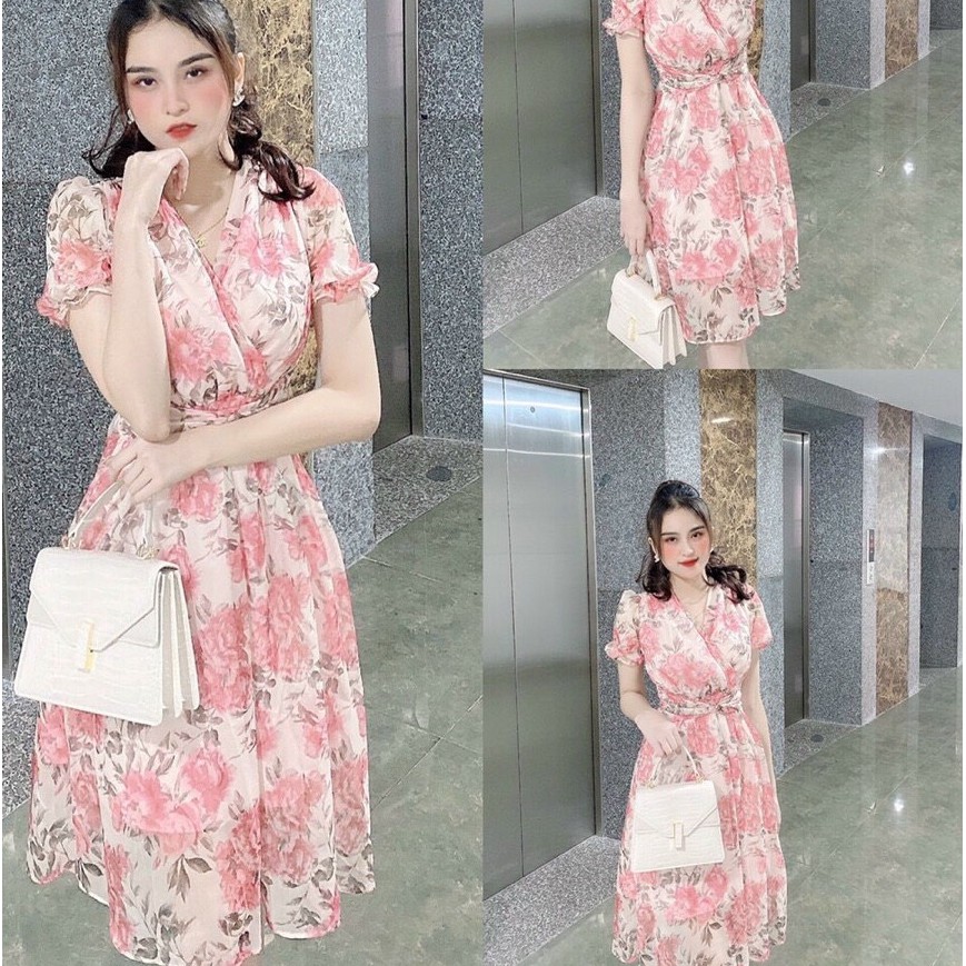 Váy hoa đầm hoa dáng xòe ngắn tay đan chéo eo chất liệu tơ hàn hàng thiết kế
