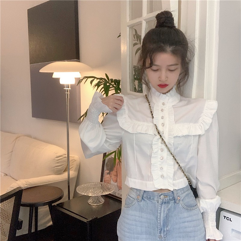 Áo kiểu tay dài cổ cao đính nút bằng gỗ thời trang phong cách retro | BigBuy360 - bigbuy360.vn