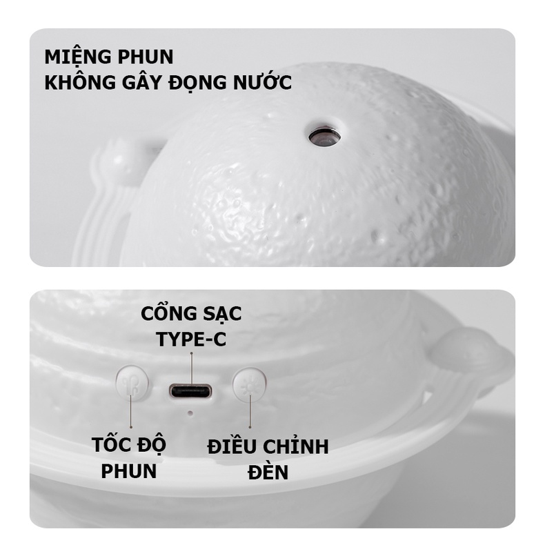 Máy Phun Sương Tạo Ẩm Phòng Ngủ, Làm Ẩm Không Khí; Mô Phỏng Hành Tinh Sáng Tạo Để Bàn; Có Chức Năng Đèn Ngủ