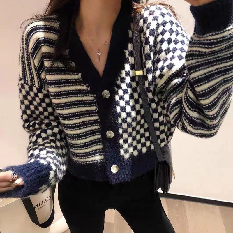 Áo Sweater Tay Dài Họa Tiết Sọc Caro Áo Khoác Dệt Kim Màu Sắc Tương Phản Thời Trang Mùa Thu Cho Nữ