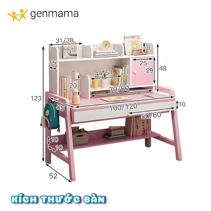 Bàn học sinh cấp 1-2 , bàn học trẻ em bằng gỗ có giá sách, ngăn kéo kích thước 120*55*123cm.  Bàn học sinh mẫu mới 2022