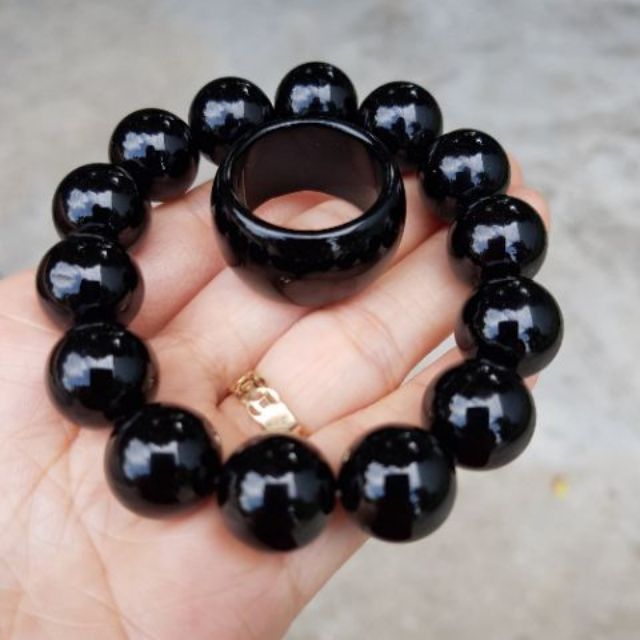 Combo vòng tay và nhẫn đa bản màu đen