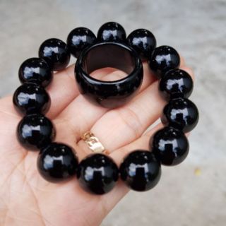 Combo vòng tay và nhẫn đa bản màu đen