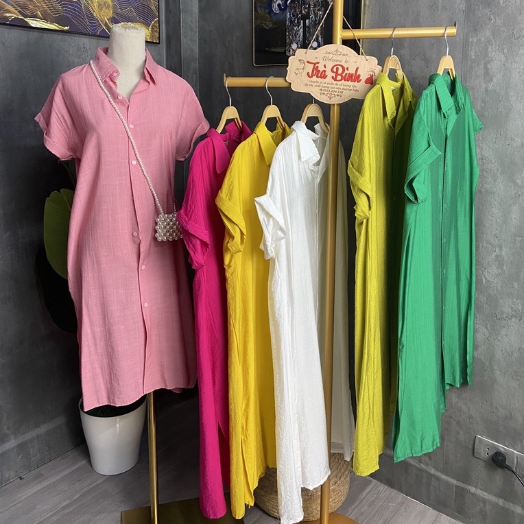 Váy sơ mi đũi suông dáng dài, đầm bầu công sở suông nữ form rộng tay hến gập nhiều màu - Tirahouse