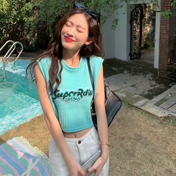 【ZHELIHANGFEI】 Áo Dệt Kim Không Tay Dáng Rộng Hở Rốn