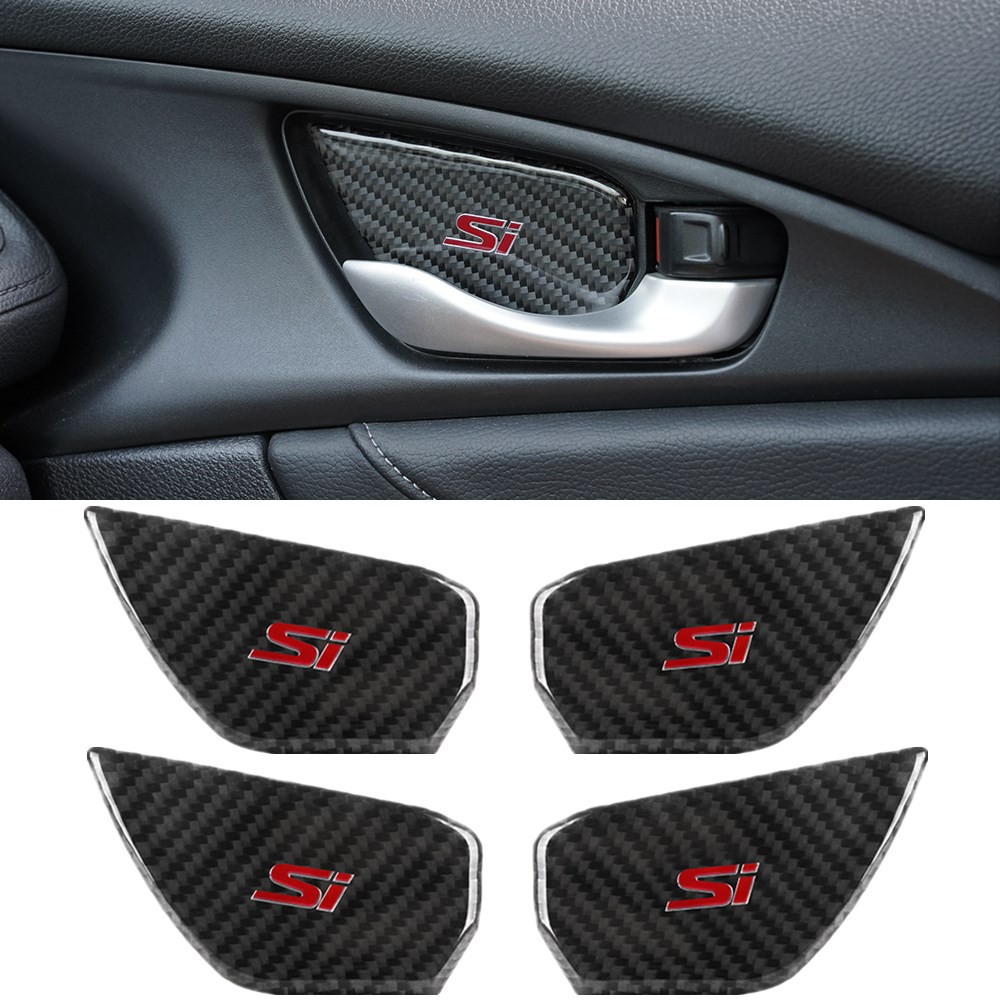 with logo Thenice for 10th Gen Civic Real Carbon Fiber Door Wrist Trim Inner Door Handle Decoration Cover for 2016 2017 2018 2019 Honda Civic 