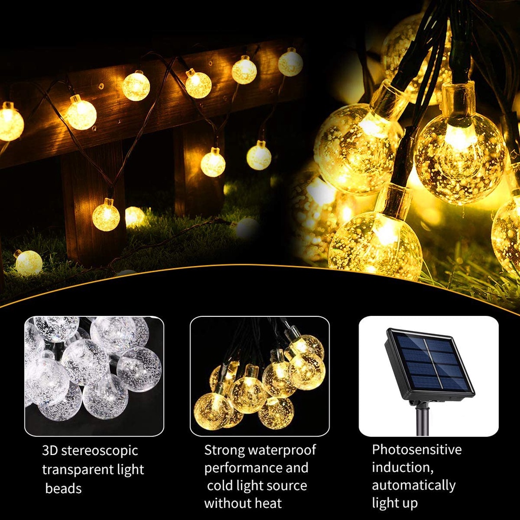 22M200 đèn LED dây năng lượng mặt trời 8 chế độ không thấm nước, bóng pha lê bóng dây đèn cổ tích sân vườn giáng sinh