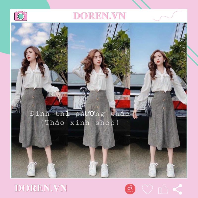 Set áo sơ mi nữ thắt nơ mix chân váy MIDI DOREN DRAV008