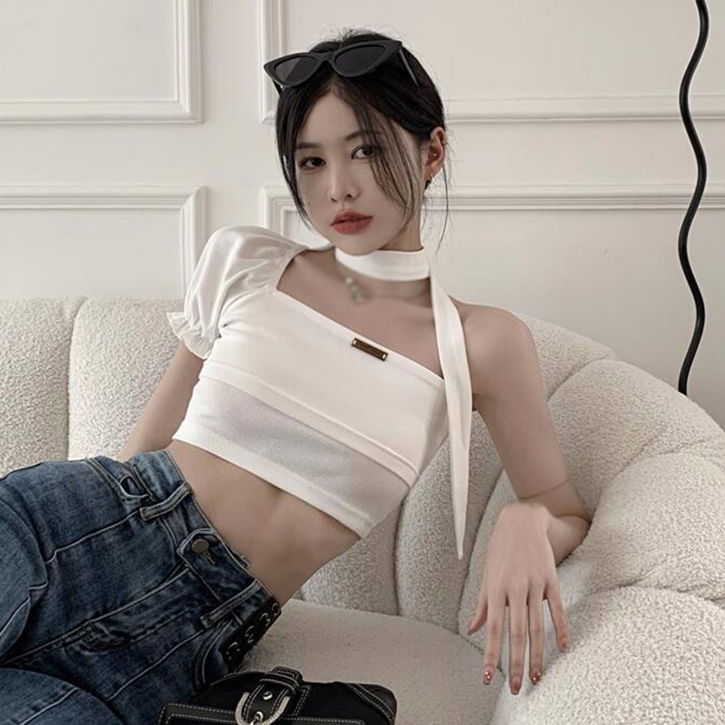 Áo Dệt Kim Hai Dây Ôm Dáng Màu Sắc Trơn In Chữ Phong Cách Hàn Quốc Dành Cho Nữ