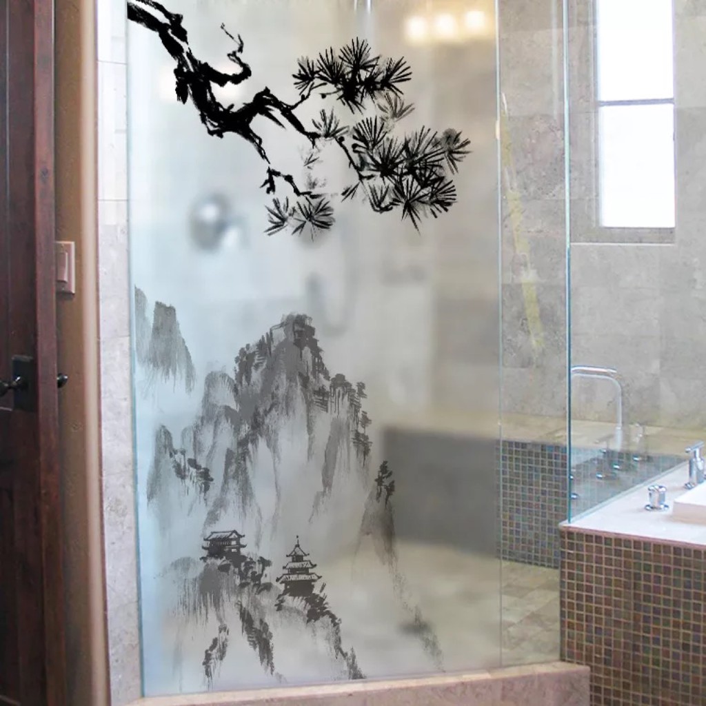 Decal trang trí kính cao cấp mẫu phong cảnh Sơn Núi và cành cây (60cm x 116cm)