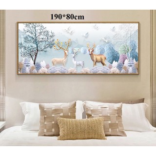 tranh thêu chữ thập phong cảnh gia đình tuần lộc kt 190x80cm