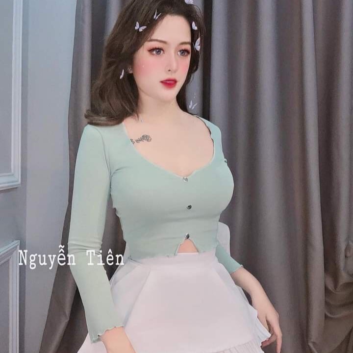 ✅ Hàng sẵn ✅ Áo Croptop Nữ Kiểu Tay Dài Đính Cúc Cổ Tim Hot Girl