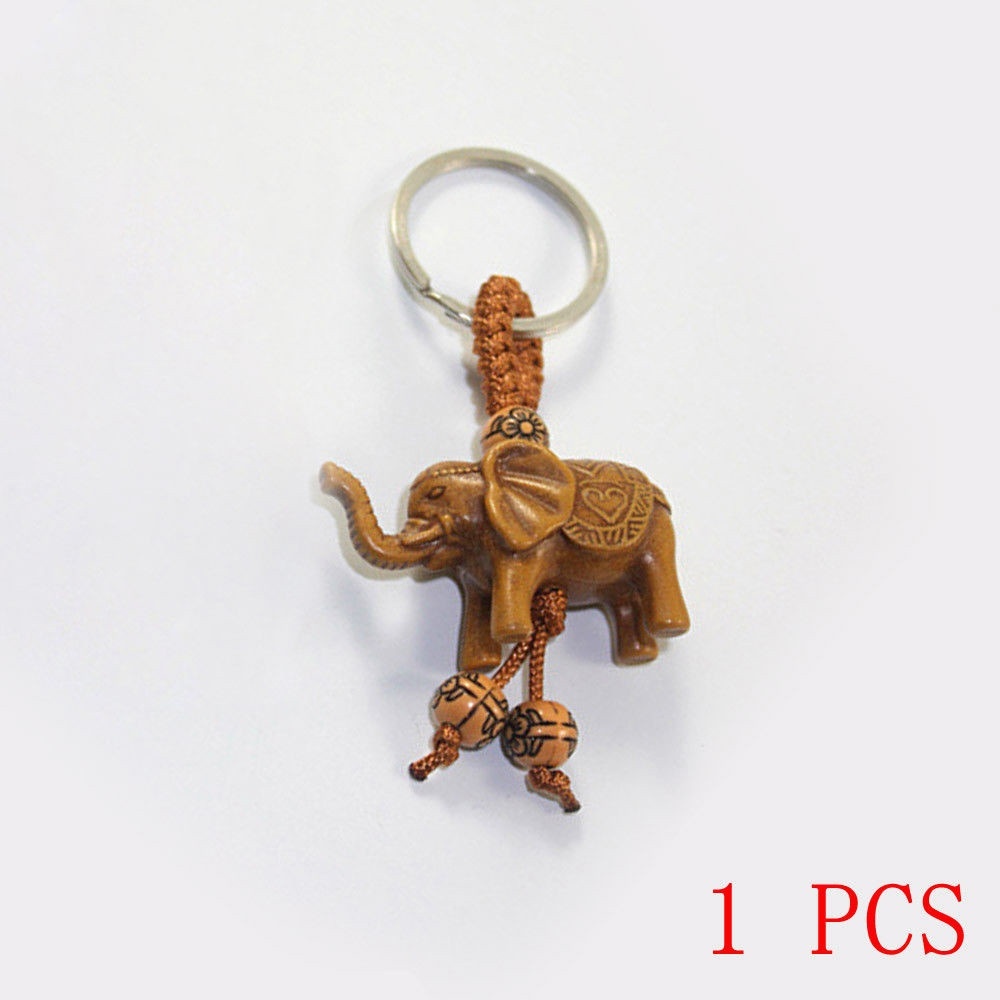 Cod Qipin Simple Lucky Elephant Carving Wooden Pendant Keychain Key Ring Chain Evil Defends Gift