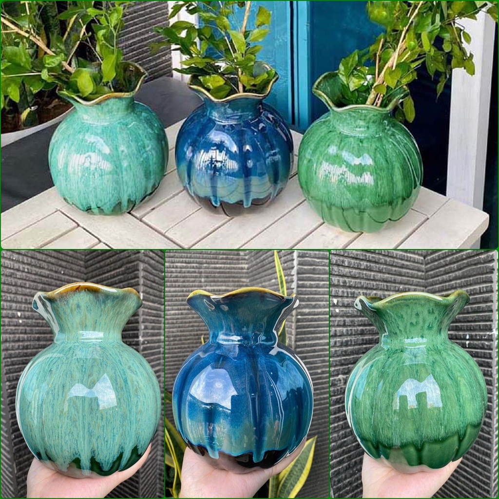 Lọ hoa decor 16 cm - Bát Tràng cao cấp - Bình hoa gốm trang trí dáng quả lựu nhỏ đẹp - Màu xanh