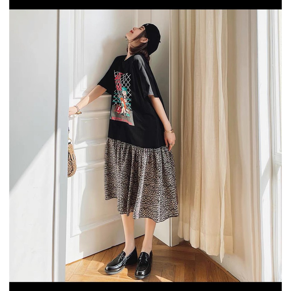 Váy suông chân bèo phối da báo dáng suông fom rộng y hình